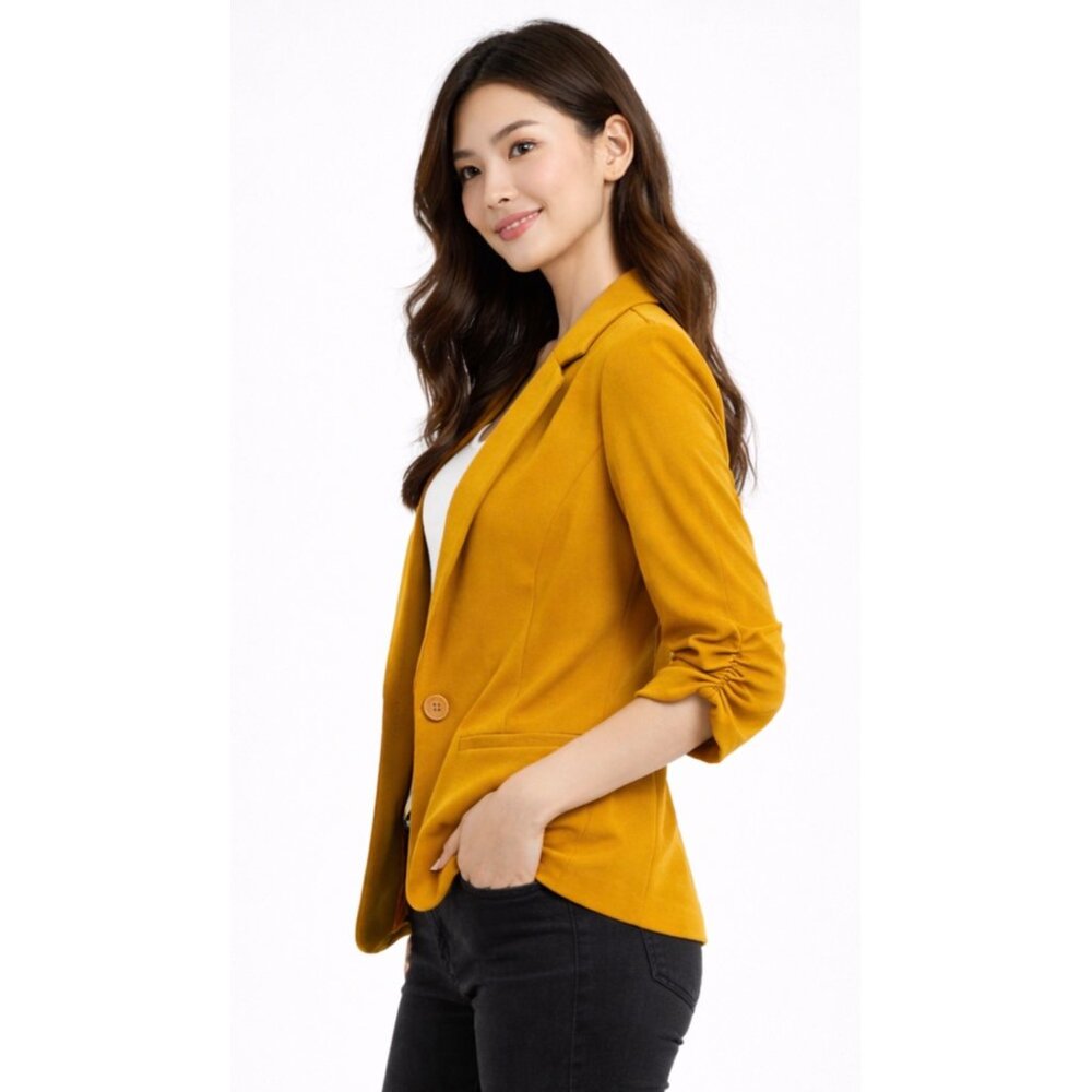 NYCC Womens Medium Mustard Yellow Blazer One Button Ruched 3/4 Sleeve Jacket - Picture 3 of 15